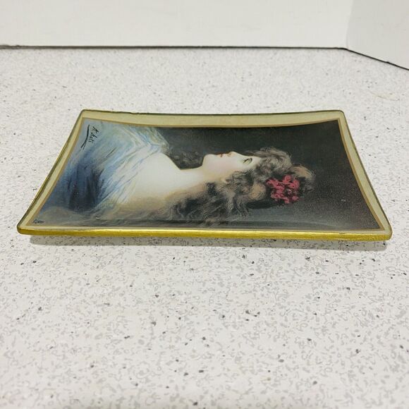 Asti Glass Pin Vanity Ring Dish Small Tray Edwardian Victorian Woman Portrait - Picture 4 of 7